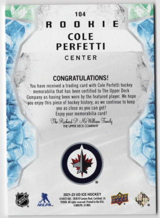 Cole Perfetti 2021-22 Upper Deck Ice - Jersey #104