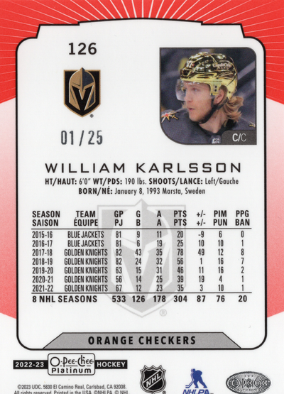 2022-23 O-Pee-Chee Platinum - Orange Checkers #126 William Karlsson SN25