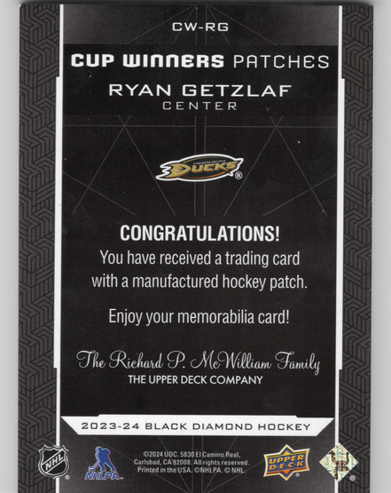 2023-24 Upper Deck Black Diamond - Cup Winner Patches #CW-RG Ryan Getzlaf MANU