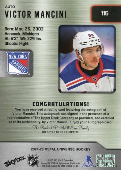 2024-25 SkyBox Metal Universe Base Autographs #116 Victor Mancini AU RC