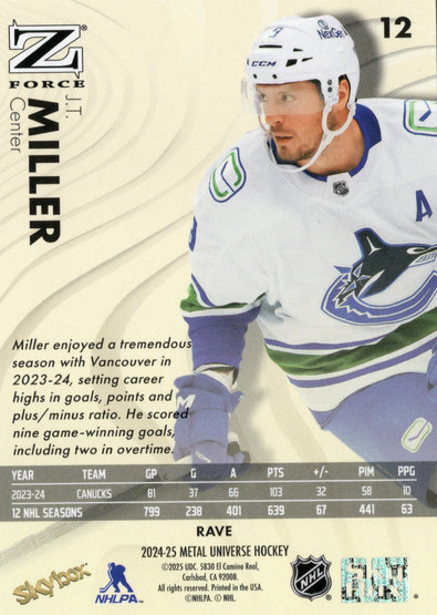 2024-25 SkyBox Metal Universe Z Force Rave #12 J.T. Miller SN399
