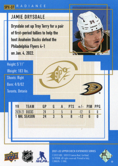 2021-22 Upper Deck 1999-00 SPx Retro Radiance #SPX37 Jamie Drysdale SN100 RY