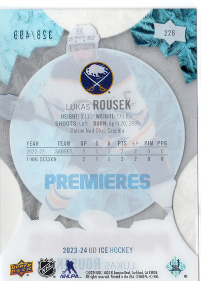 2023-24 Upper Deck Ice #226 Lukas Rousek SN499 RC