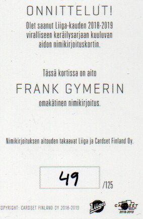 2018-19 Cardset Frank Gymer Signature /125