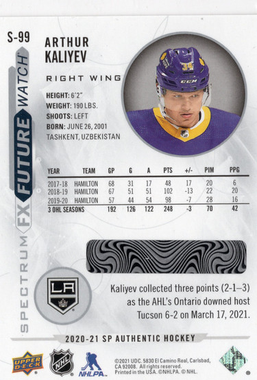 2020-21 SP Authentic Bounty Spectrum FX #S99 Arthur Kaliyev