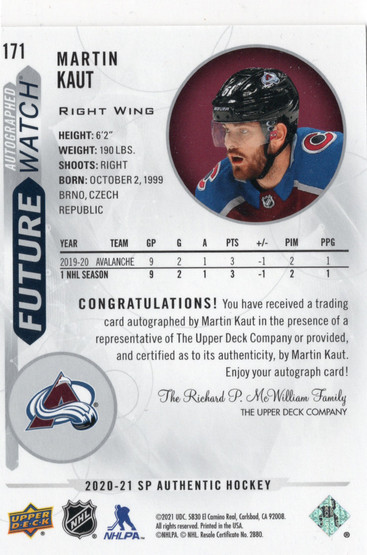 2020-21 SP Authentic #171 Martin Kaut AFW AU SN999 PR949