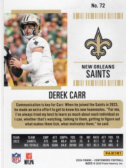 2024 Panini Contenders Game Ticket Red #72 Derek Carr