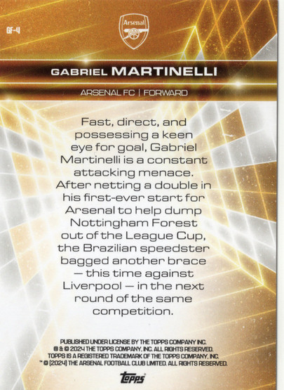 2024-25 Topps Arsenal Fan Set Golden Future #GF4 Gabriel Martinelli