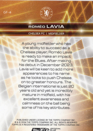 2024-25 Topps Chelsea Fan Set Golden Future Electro #GF4 Romeo Lavia