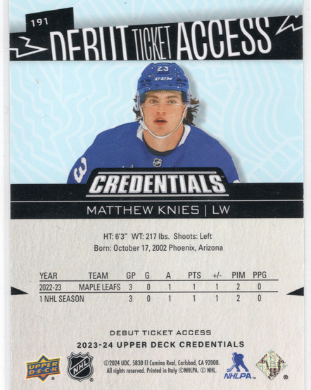 2023-24 Upper Deck Credentials #191 Matthew Knies DTA, SN599, RC