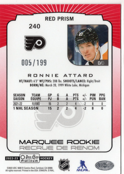 2022-23 O-Pee-Chee Platinum Red Prism #240 Ronnie Attard MR, SN199, RC