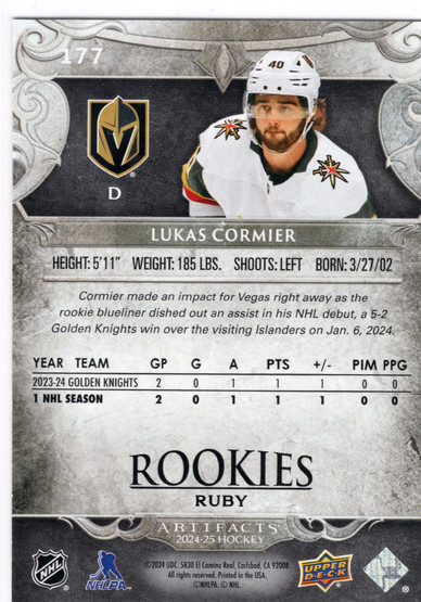 2024-25 Upper Deck Artifacts Ruby #177 Lukas Cormier RC, SN399