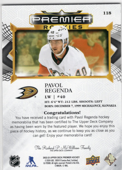 2022-23 Upper Deck Premier Jersey #118 Pavol Regenda RC, MEM