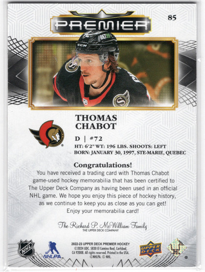 2022-23 Upper Deck Premier Jersey #85 Thomas Chabot MEM