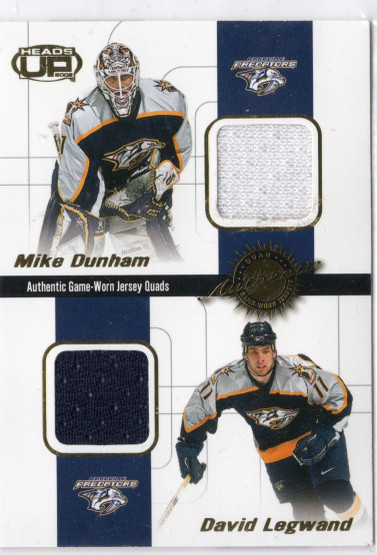 2001-02 Pacific Heads Up Quad Jerseys #13 Mike Dunham / David Legwand / Tom Fitzgerald / Scott Walker MEM