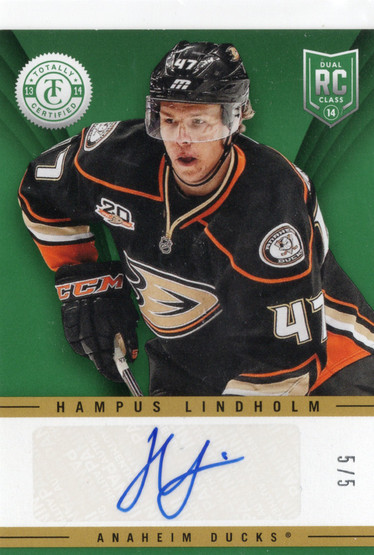 2013-14 Panini Totally Certified Rookie Signatures Green #TRHLI Hampus Lindholm AU, SN5