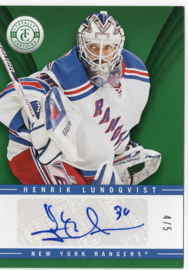 2013-14 Panini Totally Certified Signatures Green #TSHL Henrik Lundqvist AU, SN5