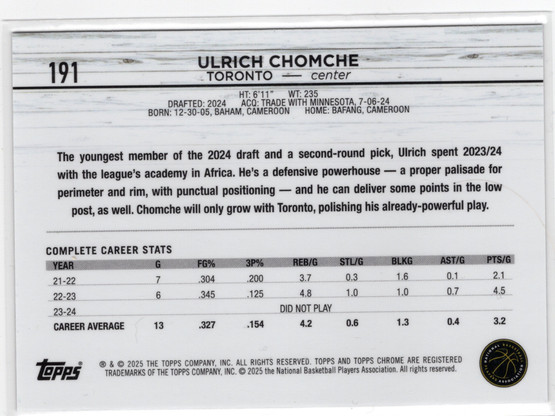 2024-25 Topps Chrome #191 Ulrich Chomche RC