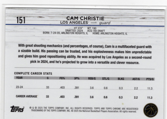 2024-25 Topps Chrome #151 Cam Christie RC