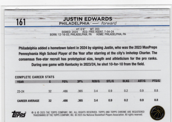 2024-25 Topps Chrome #161 Justin Edwards RC