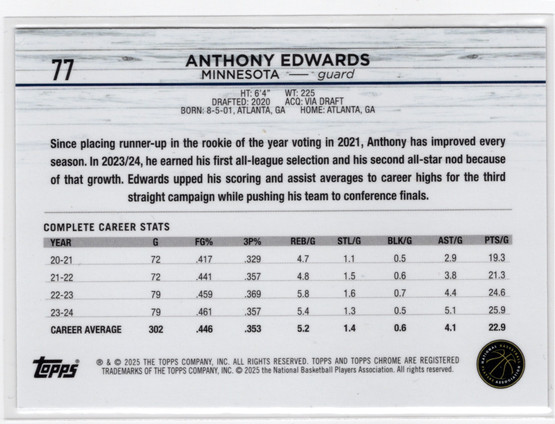 2024-25 Topps Chrome Magenta Refractor #77 Anthony Edwards