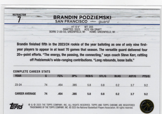 2024-25 Topps Chrome Refractor #7 Brandin Podziemski