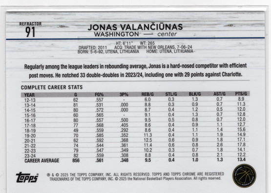2024-25 Topps Chrome Refractor #91 Jonas Valanciunas