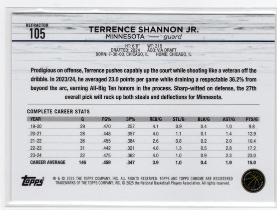 2024-25 Topps Chrome Refractor #105 Terrence Shannon Jr. RC