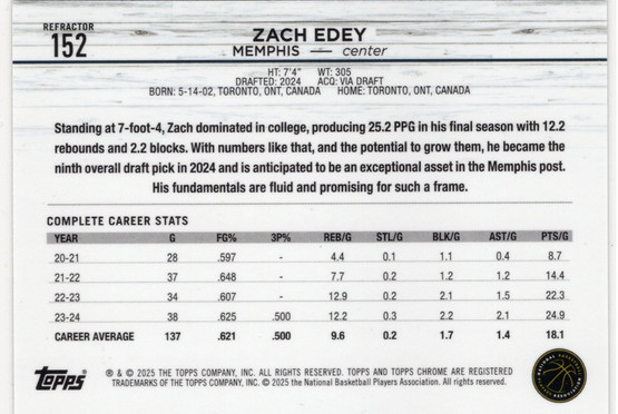 2024-25 Topps Chrome Refractor #152 Zach Edey RC