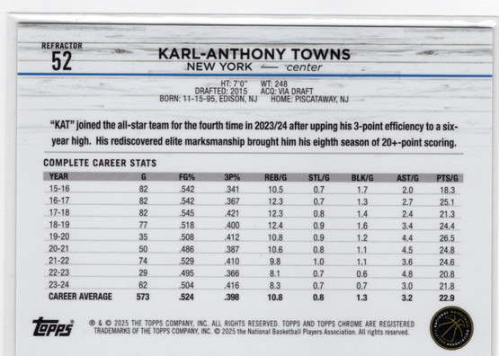 2024-25 Topps Chrome Refractor #52 Karl-Anthony Towns