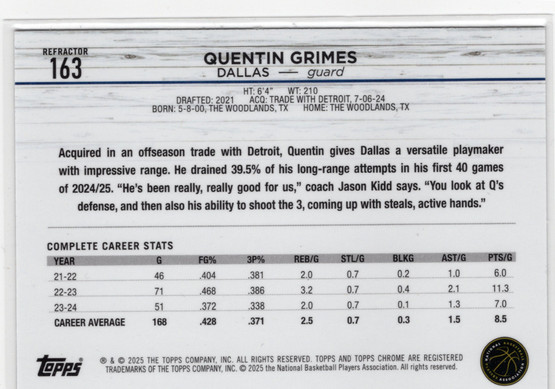 2024-25 Topps Chrome Refractor #163 Quentin Grimes RC