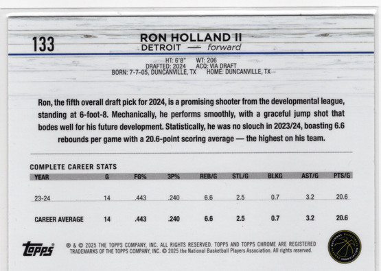 2024-25 Topps Chrome Purple Refractor #133 Ron Holland II RC