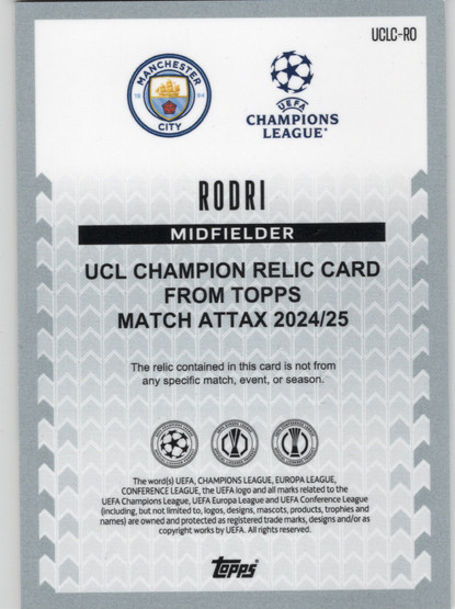 2024-25 Topps Match Attax UEFA Club Comp. UCL Champion Memento Relic #UCLCRO Rodri MANU