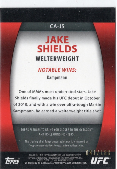 2011 Topps UFC Title Shot UFC Contenders Autographs #CAJS Jake Shields AU, SN188