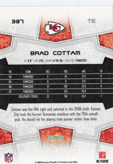 2008 Score Factory Set Green #387 Brad Cottam RC