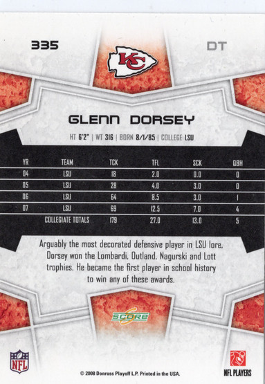 2008 Score Factory Set Green #335 Glenn Dorsey RC
