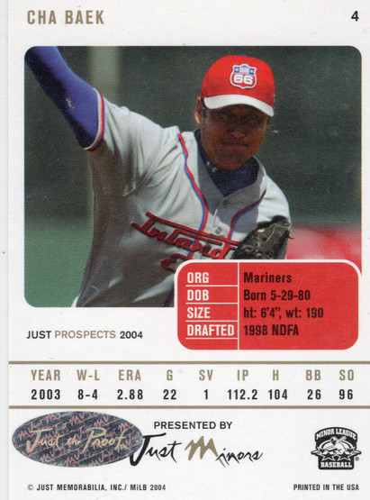 2004 Just Prospects Autographs #4 Cha Baek AU