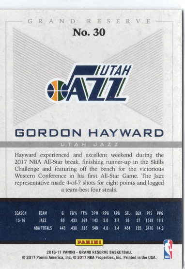 2016-17 Panini Grand Reserve #30 Gordon Hayward