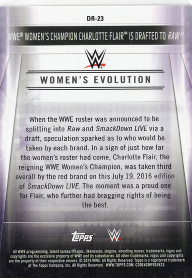2019 Topps WWE SummerSlam Women's Evolution #DR23 Women's Champion Charlotte Flair is Drafted to RAW