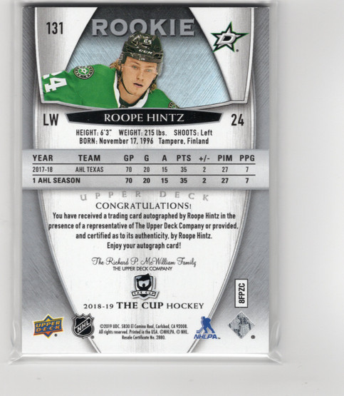 2018-19 Upper Deck The Cup #131 Roope Hintz ROO, AU, RC, SN249