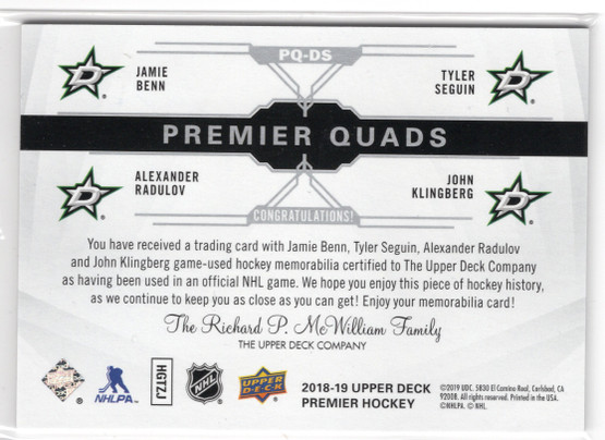 2018-19 Upper Deck Premier Premier Quads #PQDS Jamie Benn / Tyler Seguin / Alexander Radulov / John Klingberg MEM, SN49