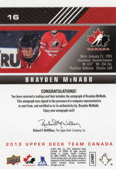 2013 Upper Deck Team Canada Gold Signatures #16 Brayden McNabb AU