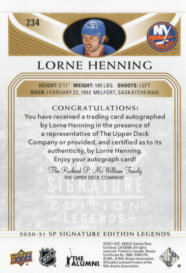 2020-21 SP Signature Edition Legends Gold Spectrum Foil Autographs #234 Lorne Henning AU