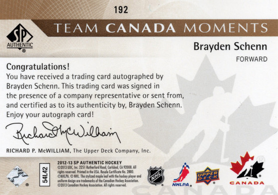 2012-13 SP Authentic Limited Autographs #192 Brayden Schenn TCM, AU