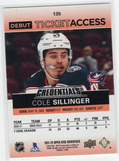 2021-22 Upper Deck Credentials Orange #135 Cole Sillinger DTA, RC, SN149