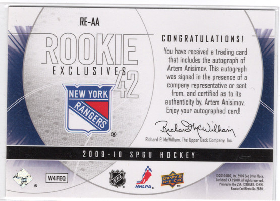 2009-10 SP Game Used Rookie Exclusives Autographs #REAA Artem Anisimov AU, SN100