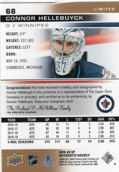 2019-20 SP Authentic Limited Autographs #68 Connor Hellebuyck AU