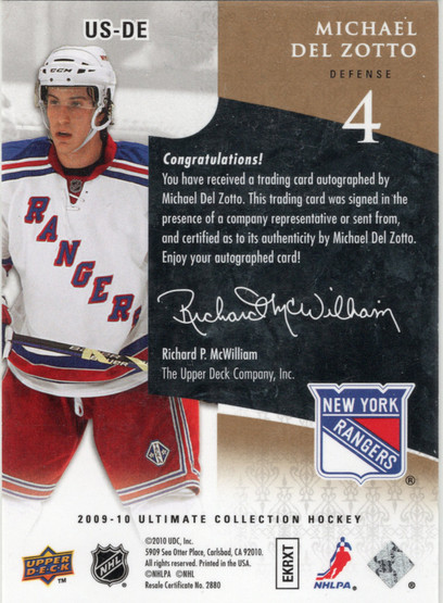 2009-10 Upper Deck Ultimate Collection Ultimate Signatures #USDE Michael Del Zotto AU