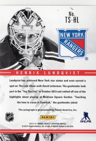 2013-14 Panini Totally Certified Signatures Green #TSHL Henrik Lundqvist AU, SN5