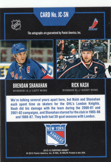 2012-13 Panini Certified Junior Class Signatures #JCSN Brendan Shanahan / Rick Nash AU, SN25
